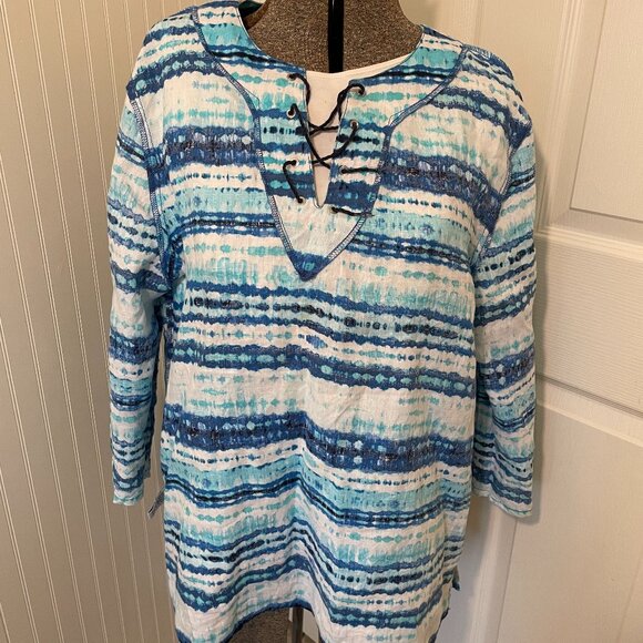 Ruby Rd. Watercolor Blue Tie Dye Linen Tunic Large 3/4 Length Sleeves Tie Front - Picture 7 of 10